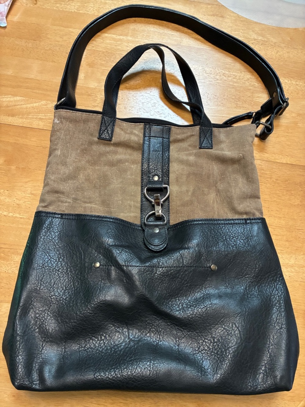 Mona B Two-Tone Brown Canvas & Black Leather Shoulder Bag